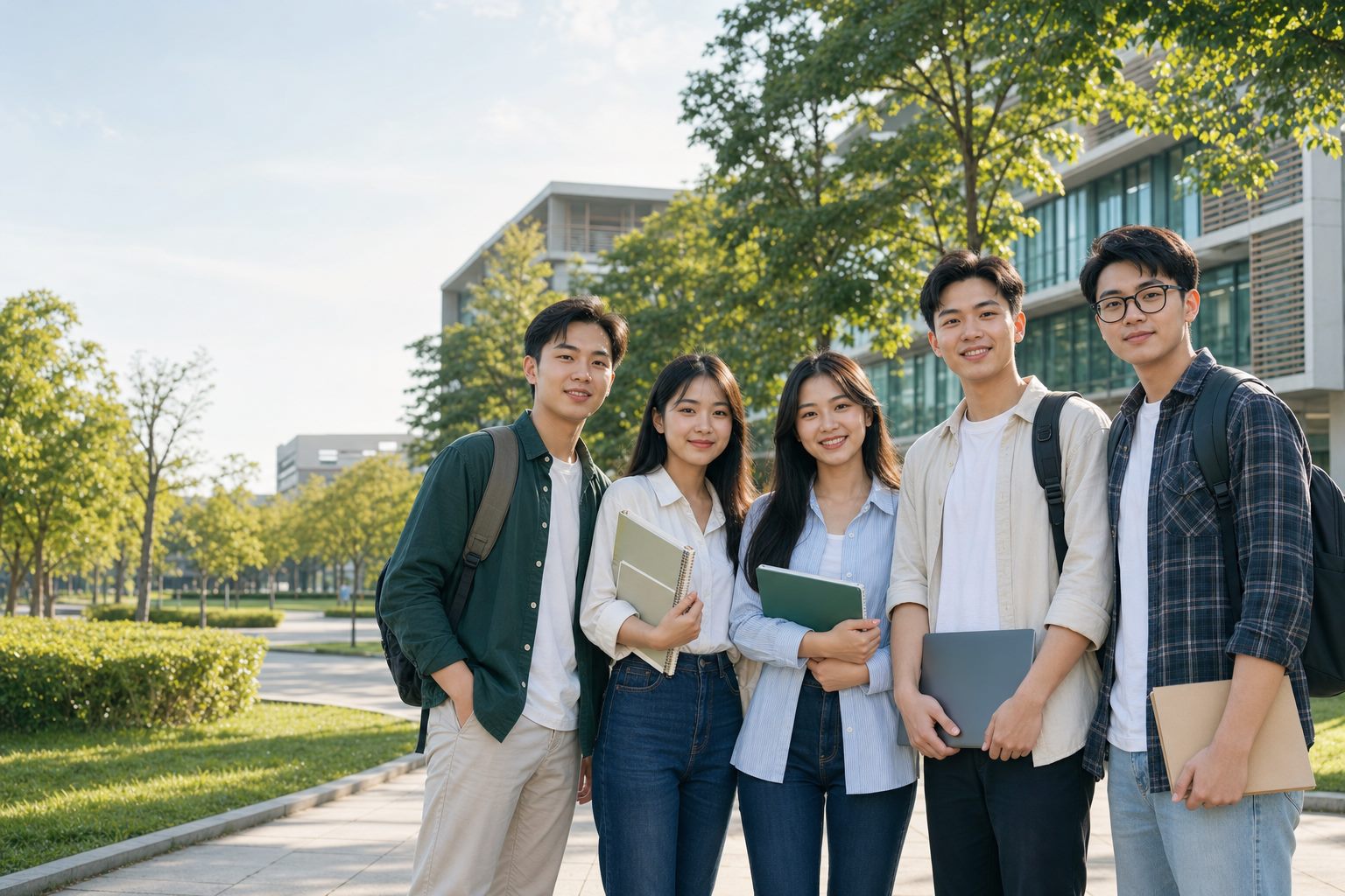 Nhóm sinh viên trên khuôn viên đại học hiện đại